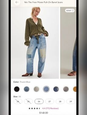 We The Free Truest Blue Patchwork Pull-On Barrel Jeans